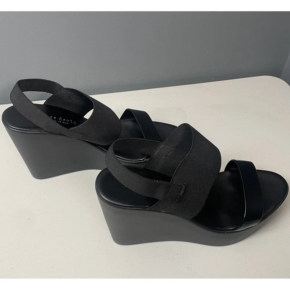 Charles David Womens 10 Black Ankle Strap Patent Leather Wedge Sandal Minimalist